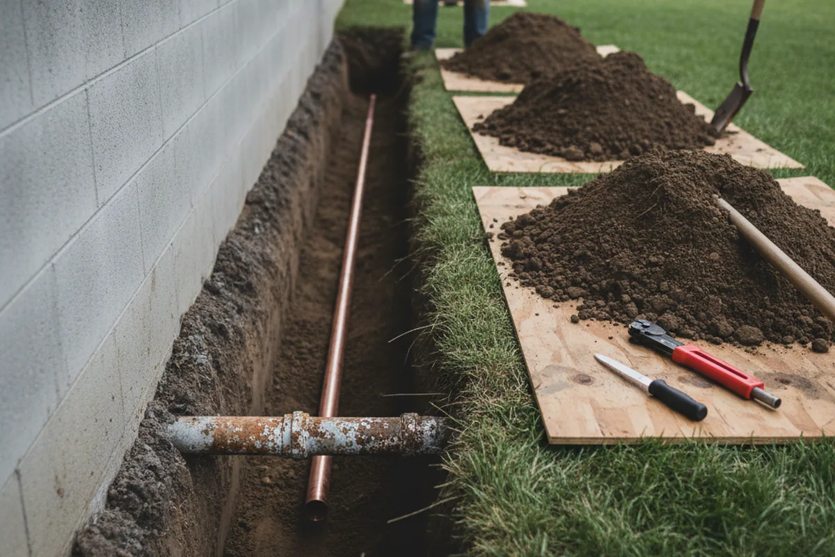 Excavated water line trench during Sewer Line Repair in Portola Valley